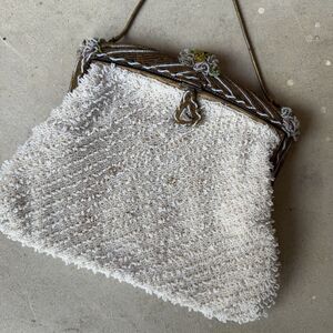 Vintage Beaded Evening Purse White Floral Clutch With Chain Handle Ornate Frame